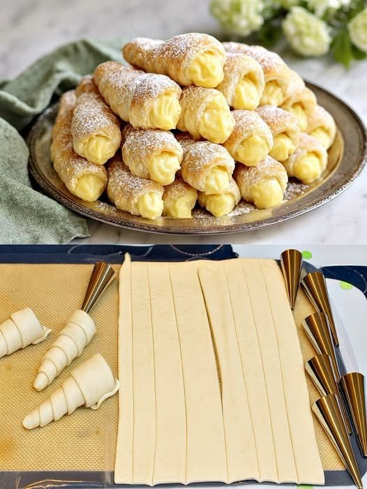 Cornete sau rulouri din foietaj cu crema de vanilie – reteta usoara, rapida si delicioasa